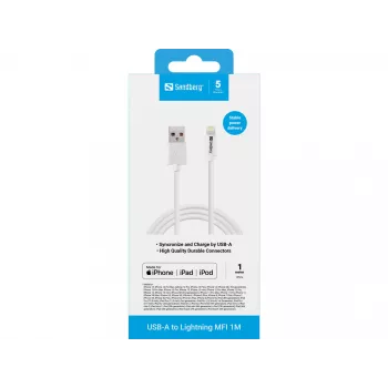 Sandberg USB-A į Lightning MFI 1M laidas, 1 m, Lightning, USB A, baltas, tiesus, tiesus