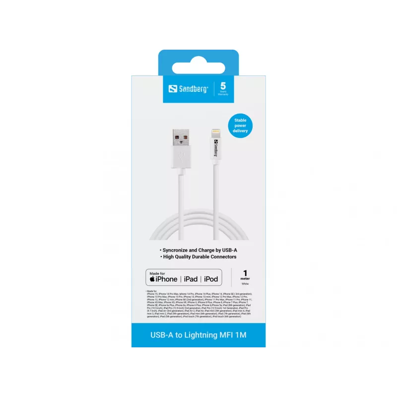 Sandberg USB-A į Lightning MFI 1M laidas, 1 m, Lightning, USB A, baltas, tiesus, tiesus