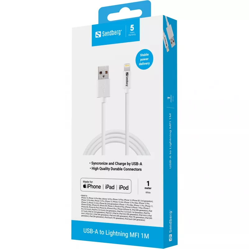Sandberg USB-A į Lightning MFI 1M laidas, 1 m, Lightning, USB A, baltas, tiesus, tiesus