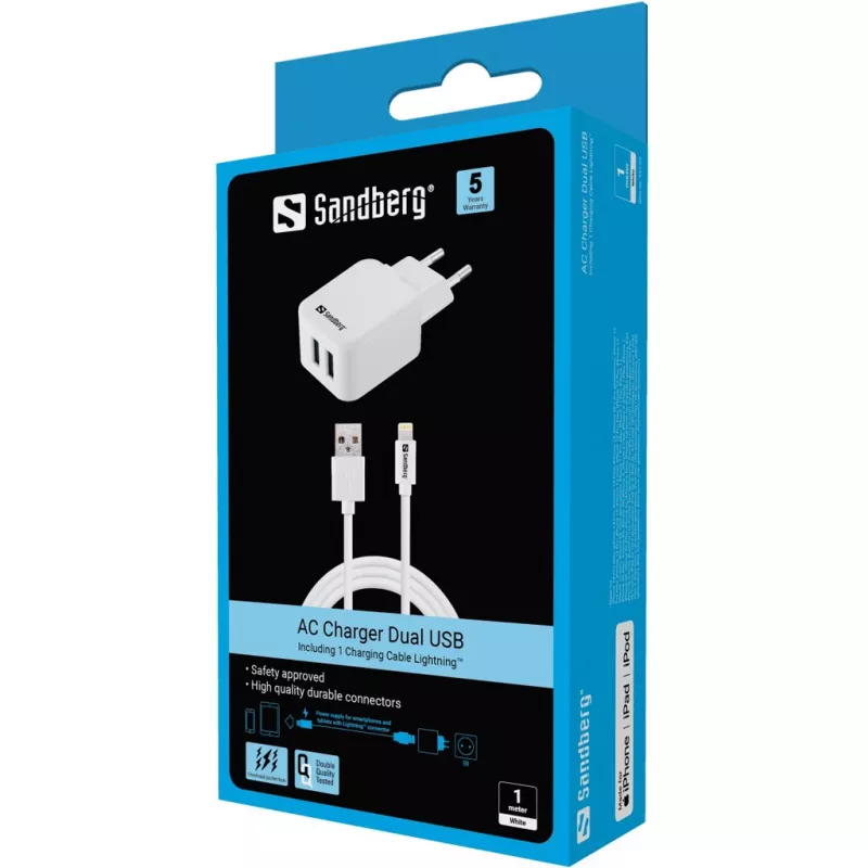 Sandberg AC įkroviklis EU Lightning 2.4A, vidaus, AC, 5 V, balta