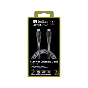 Sandberg Survivor USB-C Laidas 1M 100W, 1 m, USB C, USB C, USB 2.0, Juoda, Pilka