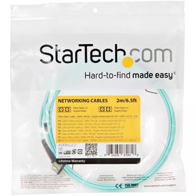 StarTech.com 2m (6ft) LC/UPC į LC/UPC OM4 daugiamodis šviesolaidinis kabelis, 50/125µm LOMMF/VCSEL Zipcord, 100G, maži nuostoliai - LSZH šviesolaidinis trumpiklis