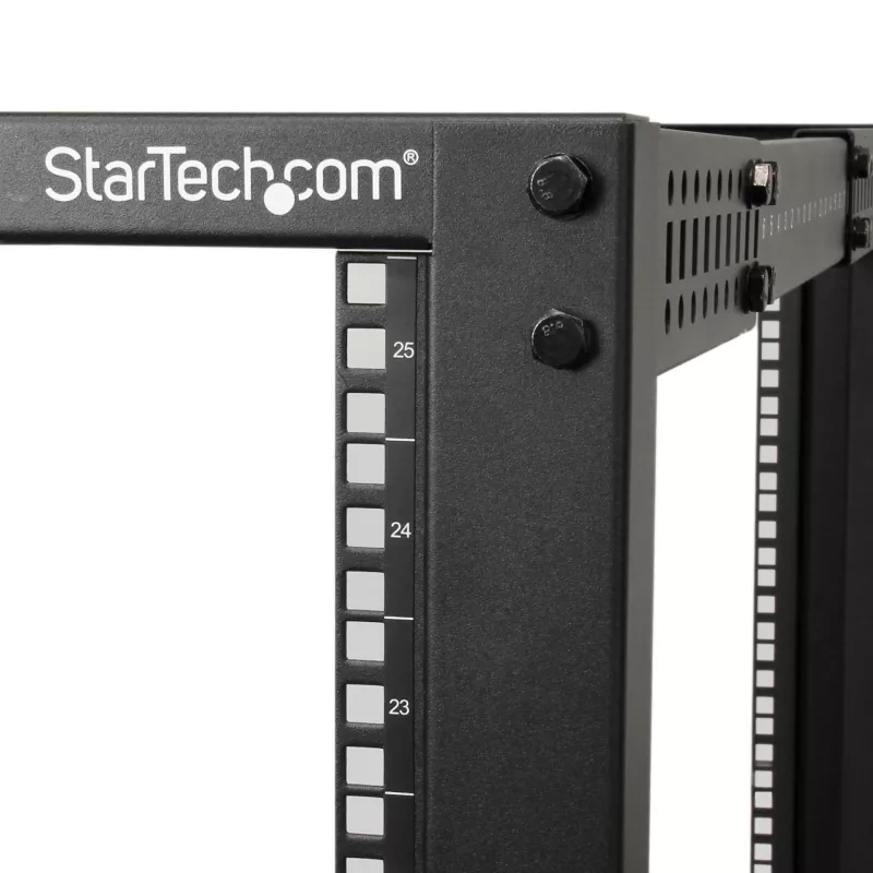 StarTech.com 4-Post 25U mobilus atviro rėmo serverio stovas, keturių stulpų 19 colių tinklo stovas su ratukais, reguliuojamo gylio riedantis stovas kompiuterinei/AV/duomenų/IT įrangai – ratukai, išlyginimo kojelės arba tvirtinimas prie grindų
