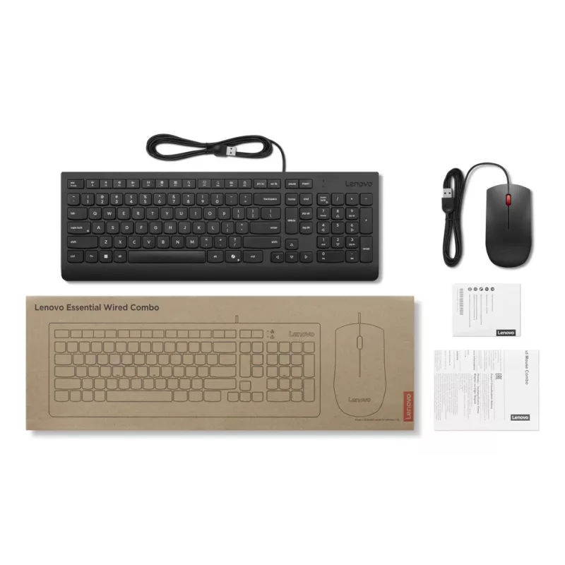 Lenovo Essential Wired Combo Black US Euro klaviatūra su pele, USB, juoda