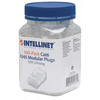 Intellinet RJ45 kištukai, Cat6, UTP, 2 danteliai, vytai gyslai, 15 µ auksuoti kontaktai, 100 vnt. pakuotė