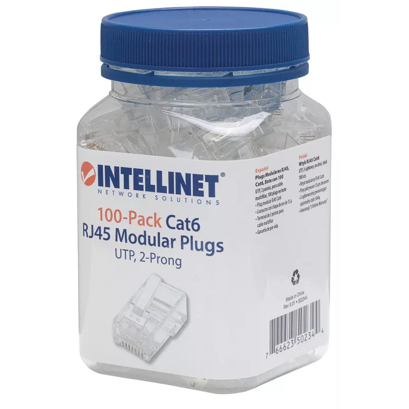 Intellinet RJ45 kištukai, Cat6, UTP, 2 danteliai, vytai gyslai, 15 µ auksuoti kontaktai, 100 vnt. pakuotė