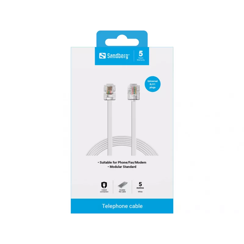 Sandberg telefono laidas RJ11-RJ11 5 m, baltas