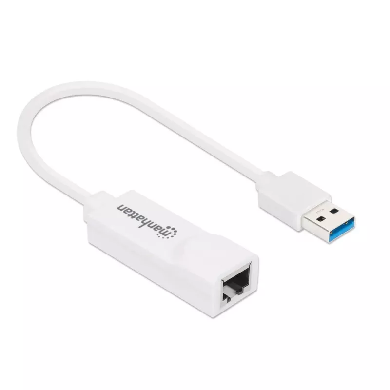 Manhattan USB-A Gigabit tinklo adapteris, baltas, 10/100/1000 Mbps, USB 3.0, Ethernet, RJ45, trejų metų garantija