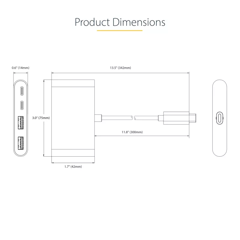 StarTech.com 4 prievadų USB-C šakotuvas su 100W Power Delivery perdavimu - 2x USB-A + 2x USB-C - USB 3.0 5Gbps - 30 cm ilgio kabelis - Nešiojamas USB Type-C į USB-A/C šakotuvas