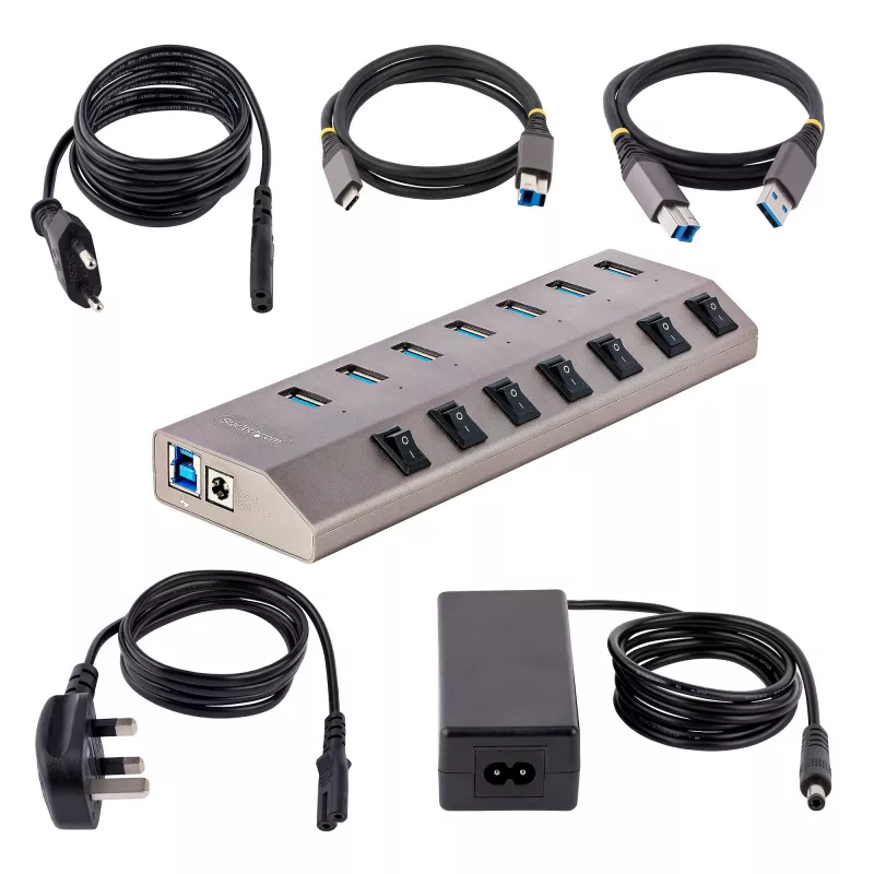 StarTech.com 7 prievadų USB-C šakotuvas su atskirais įjungimo/išjungimo mygtukais, USB 3.0 5Gbps, su maitinimo bloku, USB-C į USB-A, BC 1.2