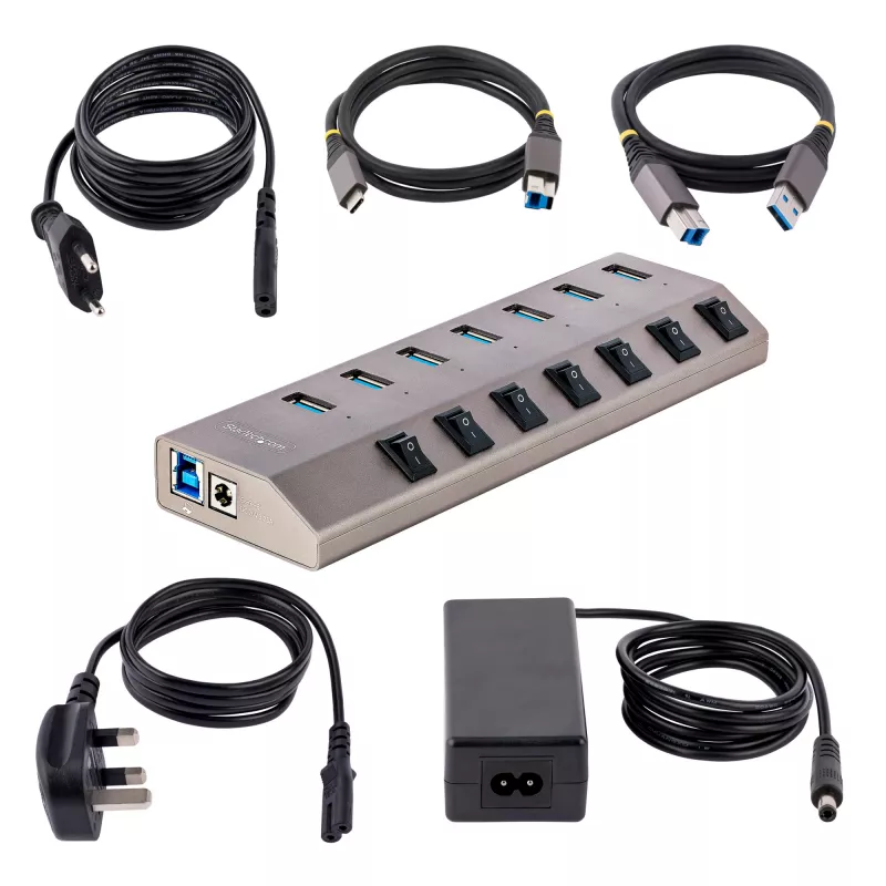 StarTech.com 7 prievadų USB-C šakotuvas su atskirais įjungimo/išjungimo mygtukais, USB 3.0 5Gbps, su maitinimo bloku, USB-C į USB-A, BC 1.2