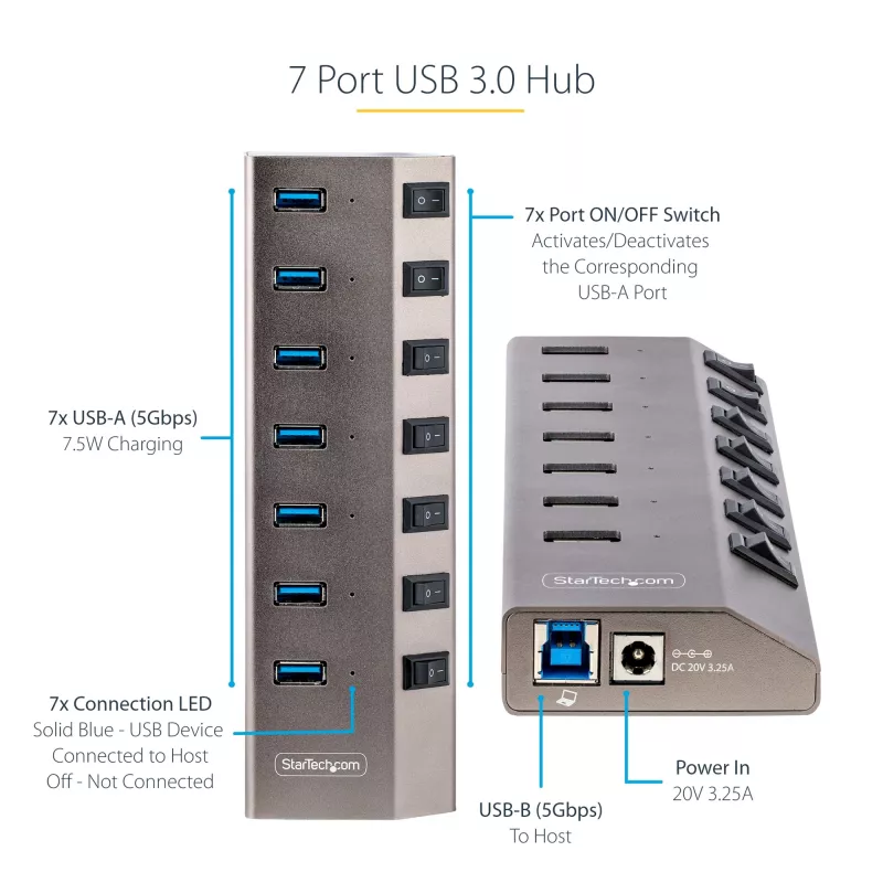 StarTech.com 7 prievadų USB-C šakotuvas su atskirais įjungimo/išjungimo mygtukais, USB 3.0 5Gbps, su maitinimo bloku, USB-C į USB-A, BC 1.2