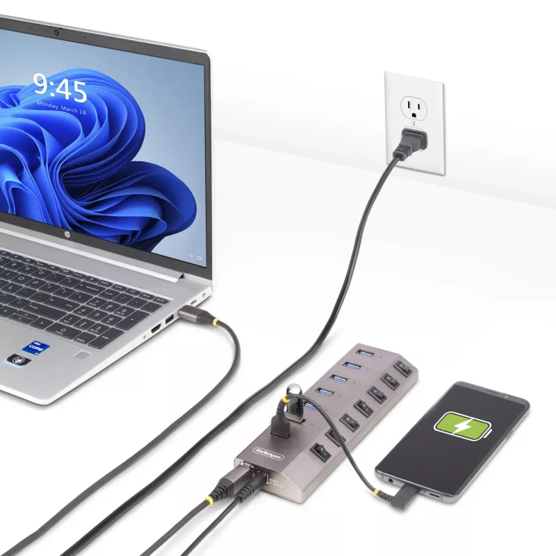 StarTech.com 7 prievadų USB-C šakotuvas su atskirais įjungimo/išjungimo mygtukais, USB 3.0 5Gbps, su maitinimo bloku, USB-C į USB-A, BC 1.2