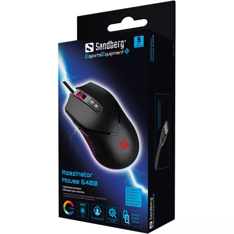 Sandberg Azazinator Mouse 6400, dešinei rankai, USB Type-A, 6400 DPI, juoda