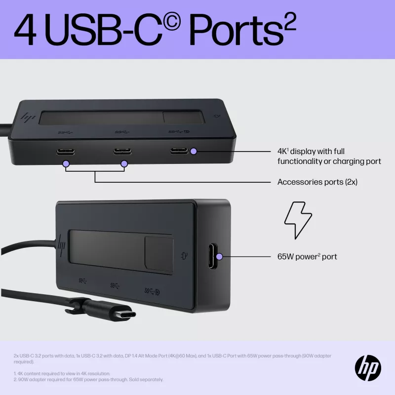 HP 4K USB-C kelių prievadų stotelė, USB Type-C, USB 3.2 Gen 2 (3.1 Gen 2) Type-C, 10000 Mbit/s, juoda, 4K Ultra HD