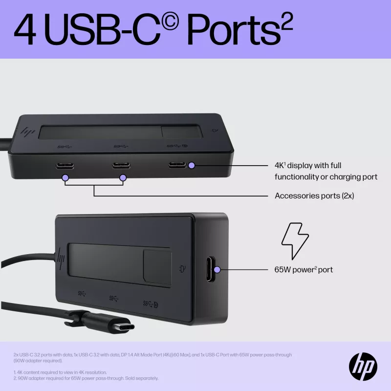 HP 4K USB-C kelių prievadų stotelė, USB Type-C, USB 3.2 Gen 2 (3.1 Gen 2) Type-C, 10000 Mbit/s, juoda, 4K Ultra HD