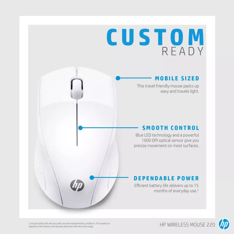 HP Wireless Mouse 220 (Snow White) – belaidė pelė, optinė, RF, balta