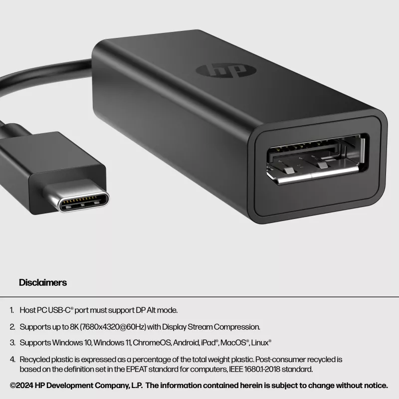 HP USB-C į DisplayPort adapteris G2, 0,12 m, DisplayPort, USB Type-C, Moteriškas, Vyriškas, 7680 x 4320 pikselių