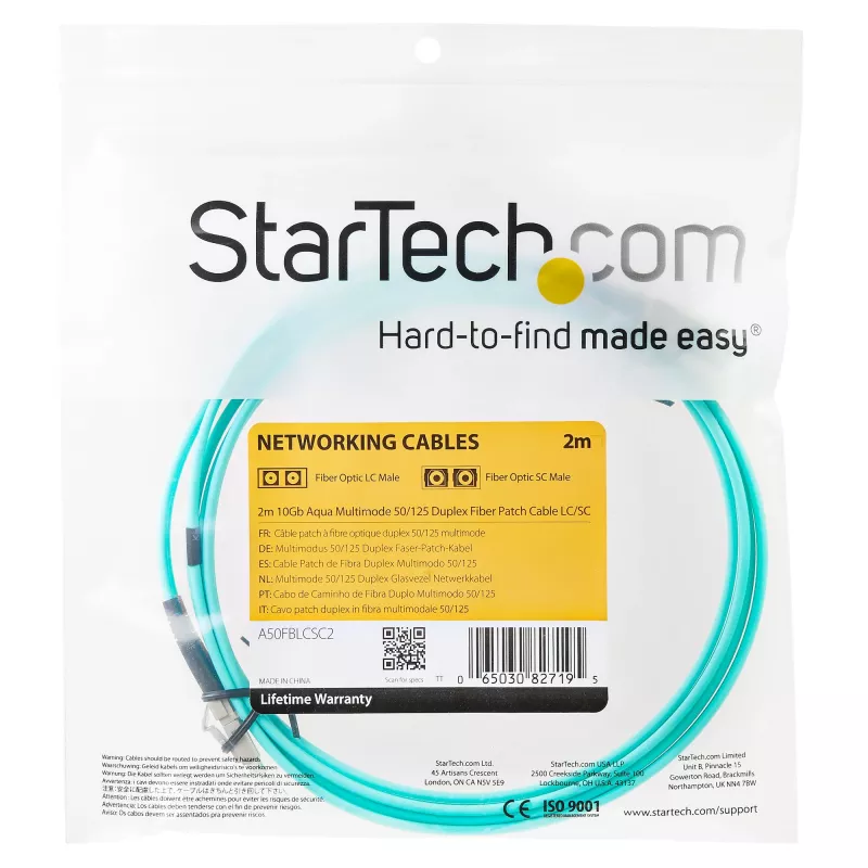 StarTech.com 2m (6,6 pėdų) LC/UPC į LC/UPC OM3 daugiamodis šviesolaidinis kabelis, pilnas dupleksas 50/125µm, 100G, maži nuostoliai, LSZH šuoliukas