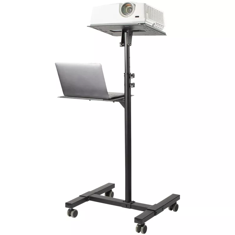 StarTech.com Mobilus projektoriaus ir nešiojamojo kompiuterio stovas/vežimėlis - Patvarus nešiojamas projektoriaus stovas (2 lentynos, kiekviena laiko 10 kg) - Reguliuojamo aukščio riedantis pristatymo vežimėlis su užrakinamais ratukais