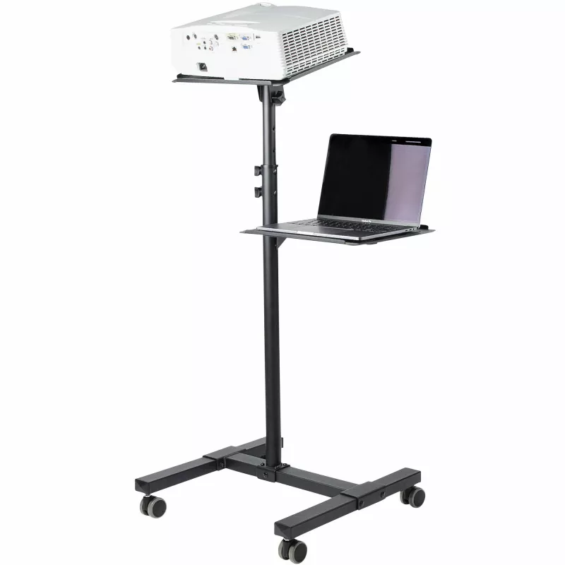 StarTech.com Mobilus projektoriaus ir nešiojamojo kompiuterio stovas/vežimėlis - Patvarus nešiojamas projektoriaus stovas (2 lentynos, kiekviena laiko 10 kg) - Reguliuojamo aukščio riedantis pristatymo vežimėlis su užrakinamais ratukais
