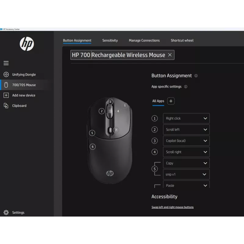 HP 700 belaidė įkraunama pelė, ambidekstrinė, RF belaidis + Bluetooth, 6000 DPI, juoda