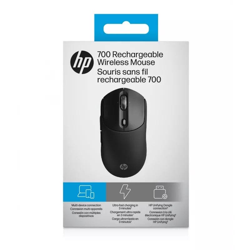HP 700 belaidė įkraunama pelė, ambidekstrinė, RF belaidis + Bluetooth, 6000 DPI, juoda