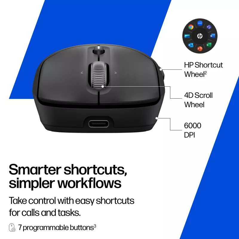 HP 700 belaidė įkraunama pelė, ambidekstrinė, RF belaidis + Bluetooth, 6000 DPI, juoda