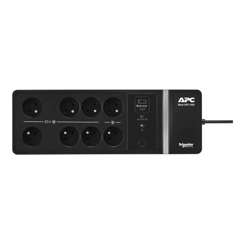 APC Back-UPS 1050VA/600W nepertraukiamo maitinimo šaltinis, montuojamas ant grindų ar sienos, 230V, 8x prancūziški/belgiški lizdai, USB A+C prievadas, keičiama baterija