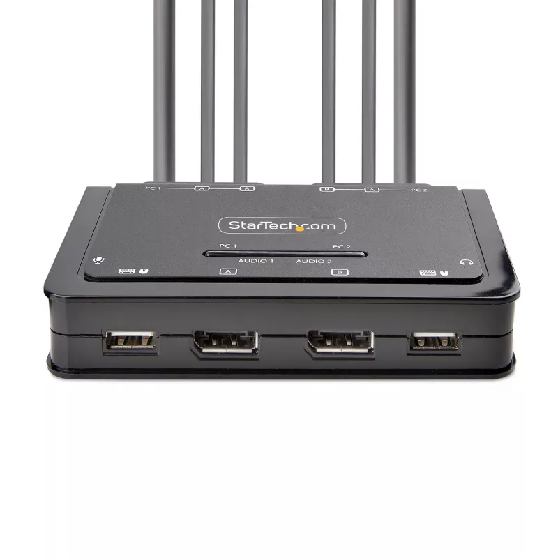 StarTech.com 2 prievadų dviejų monitorių DisplayPort kabelių KVM jungiklis, 4K 60Hz, kompaktiškas KVM su 1,5 m integruotais USB-A / DisplayPort / garso kabeliais, maitinamas iš USB, su nuotoliniu mygtuku / sparčiaisiais klavišais