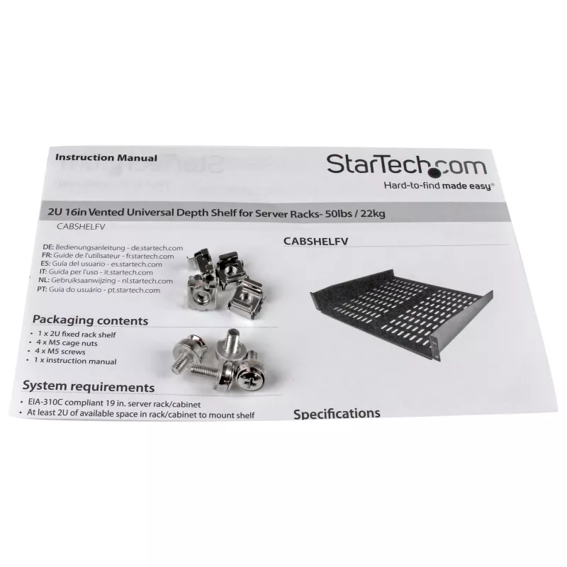 StarTech.com 2U ventiliuojama serverio lentyna – universali konsolinė lentyna 19 colių tinklo įrangos stovui ir spintai, tvirto plieno, atlaiko iki 23 kg, 16 colių gylio, juoda