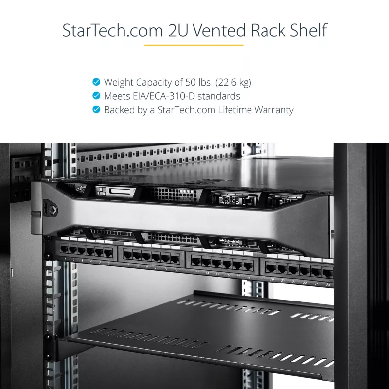 StarTech.com 2U ventiliuojama serverio lentyna – universali konsolinė lentyna 19 colių tinklo įrangos stovui ir spintai, tvirto plieno, atlaiko iki 23 kg, 16 colių gylio, juoda