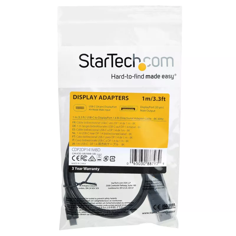 StarTech.com USB-C į DisplayPort 1.4 laidas, 1 m, 8K 60Hz / 4K, abipusis, HBR3/HDR/DSC, USB Type-C / Thunderbolt monitoriaus laidas