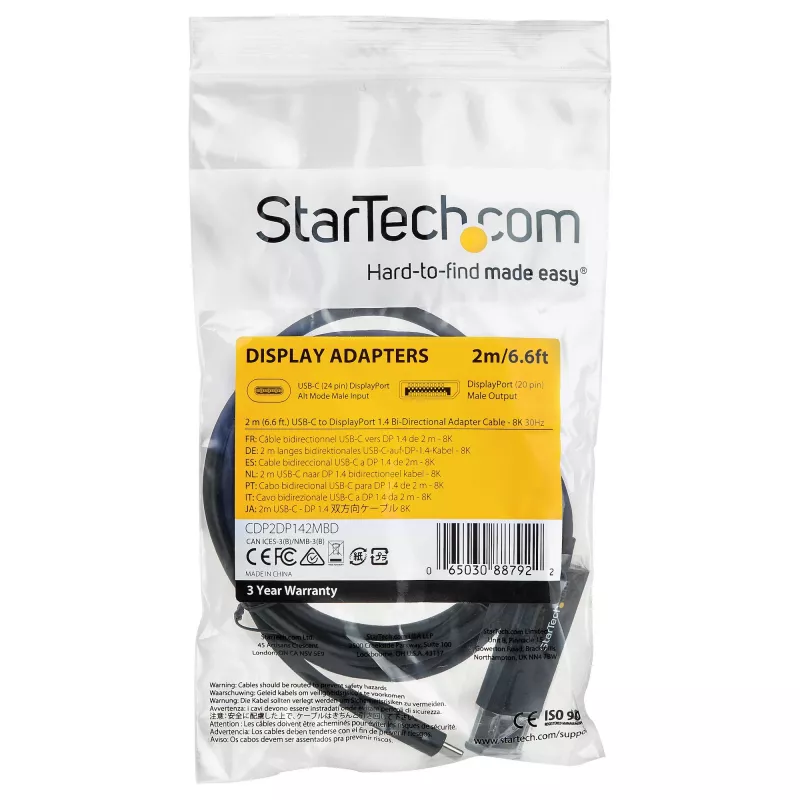 StarTech.com 6ft (2m) USB C į DisplayPort 1.4 laidas 8K 60Hz/4K – dvipusis DP į USB-C arba USB-C į DP atvirkščiamas vaizdo adapterio laidas – HBR3/HDR/DSC – USB Type C/TB3 monitoriaus laidas (CDP2DP142MBD)