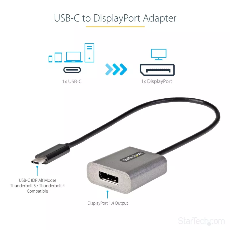 StarTech.com USB-C į DisplayPort adapteris – 8K/4K 60Hz USB-C į DisplayPort 1.4 adapteris – USB Type-C į DP monitoriaus vaizdo keitiklis – veikia su Thunderbolt 3 – su 12 colių ilgu pritvirtintu kabeliu
