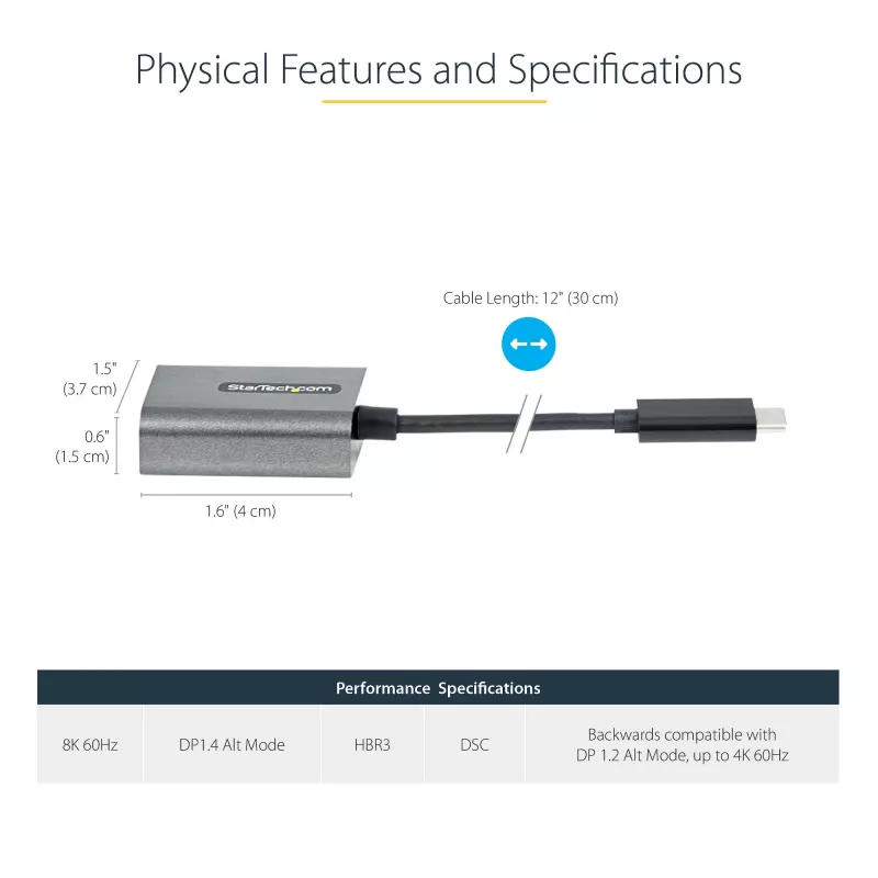 StarTech.com USB-C į DisplayPort adapteris – 8K/4K 60Hz USB-C į DisplayPort 1.4 adapteris – USB Type-C į DP monitoriaus vaizdo keitiklis – veikia su Thunderbolt 3 – su 12 colių ilgu pritvirtintu kabeliu