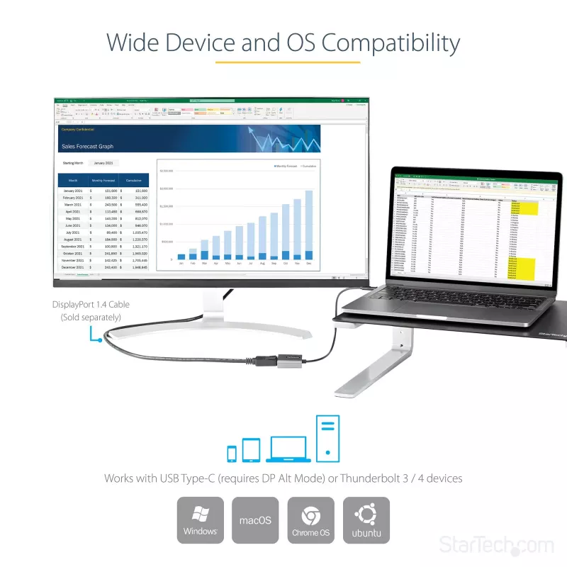 StarTech.com USB-C į DisplayPort adapteris – 8K/4K 60Hz USB-C į DisplayPort 1.4 adapteris – USB Type-C į DP monitoriaus vaizdo keitiklis – veikia su Thunderbolt 3 – su 12 colių ilgu pritvirtintu kabeliu