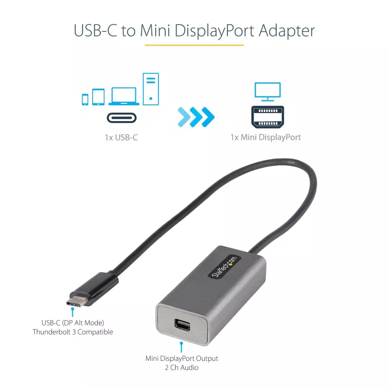 StarTech.com USB-C į Mini DisplayPort adapteris - 4K 60Hz USB-C į mDP adapteris - USB Type-C į Mini DP monitorių - vaizdo keitiklis - veikia su Thunderbolt 3 - 12 colių ilgio laidas - atnaujinta CDP2MDP versija