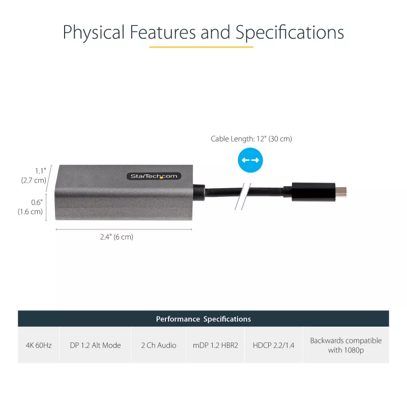 StarTech.com USB-C į Mini DisplayPort adapteris - 4K 60Hz USB-C į mDP adapteris - USB Type-C į Mini DP monitorių - vaizdo keitiklis - veikia su Thunderbolt 3 - 12 colių ilgio laidas - atnaujinta CDP2MDP versija