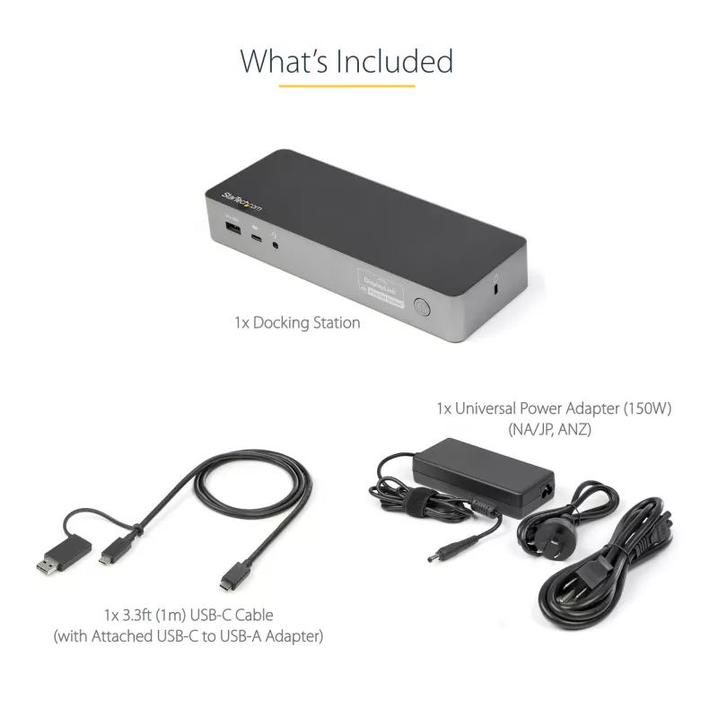 StarTech.com Universal Laptop Dock – USB-C ir USB-A dokas, dvigubas 4K DP ir HDMI, 100W PD, Mac / Windows / Chrome OS, 4x USB 5Gbps šakotuvas, GbE
