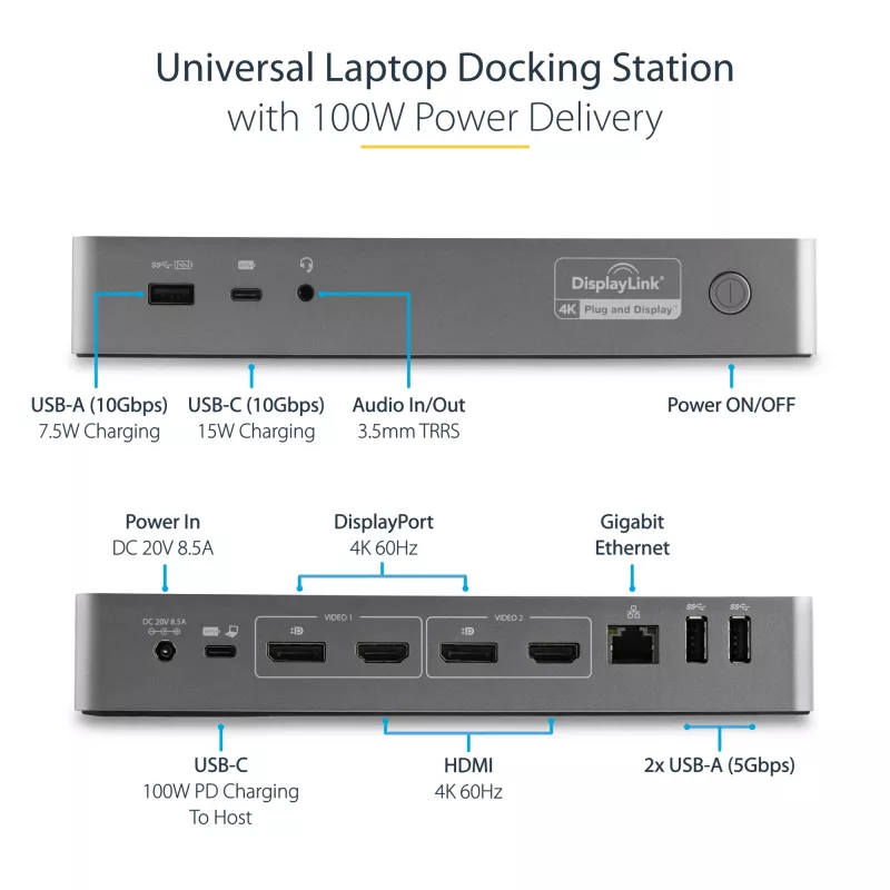 StarTech.com Universal Laptop Dock – USB-C ir USB-A dokas, dvigubas 4K DP ir HDMI, 100W PD, Mac / Windows / Chrome OS, 4x USB 5Gbps šakotuvas, GbE