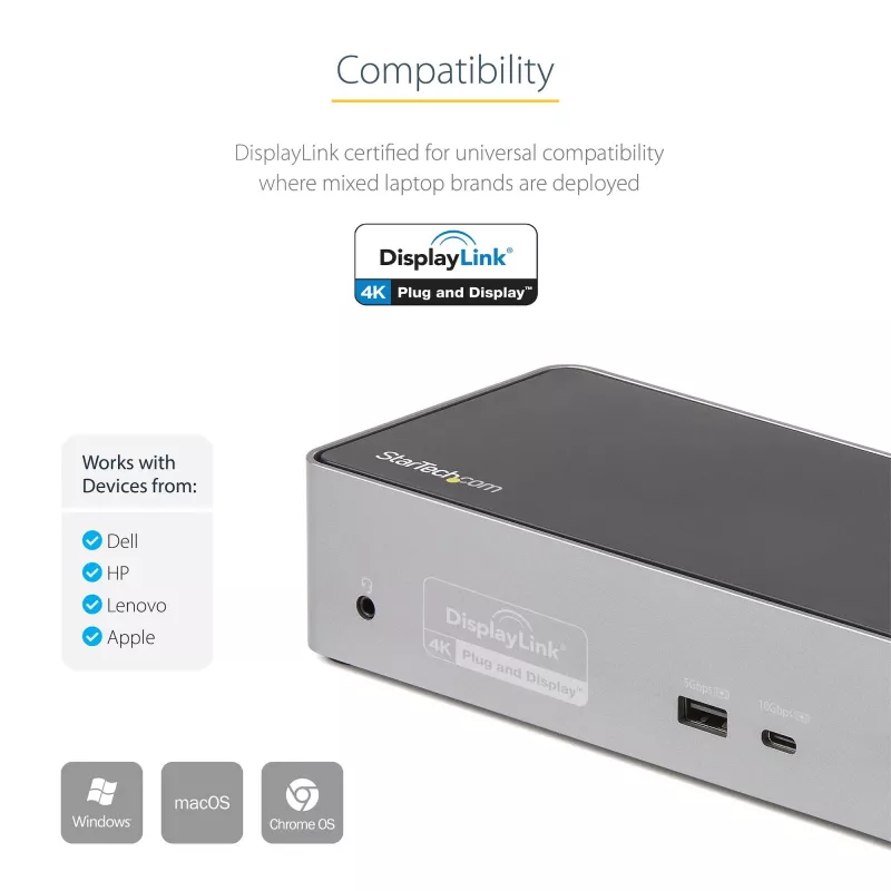 StarTech.com USB-C dokas - 4K 60Hz keturi monitoriai DisplayPort ir HDMI - universali USB-C dokavimo stotelė su 100W galios tiekimu - USB šakotuvas su 1x USB-C ir 3x USB-A, Ethernet, garsu