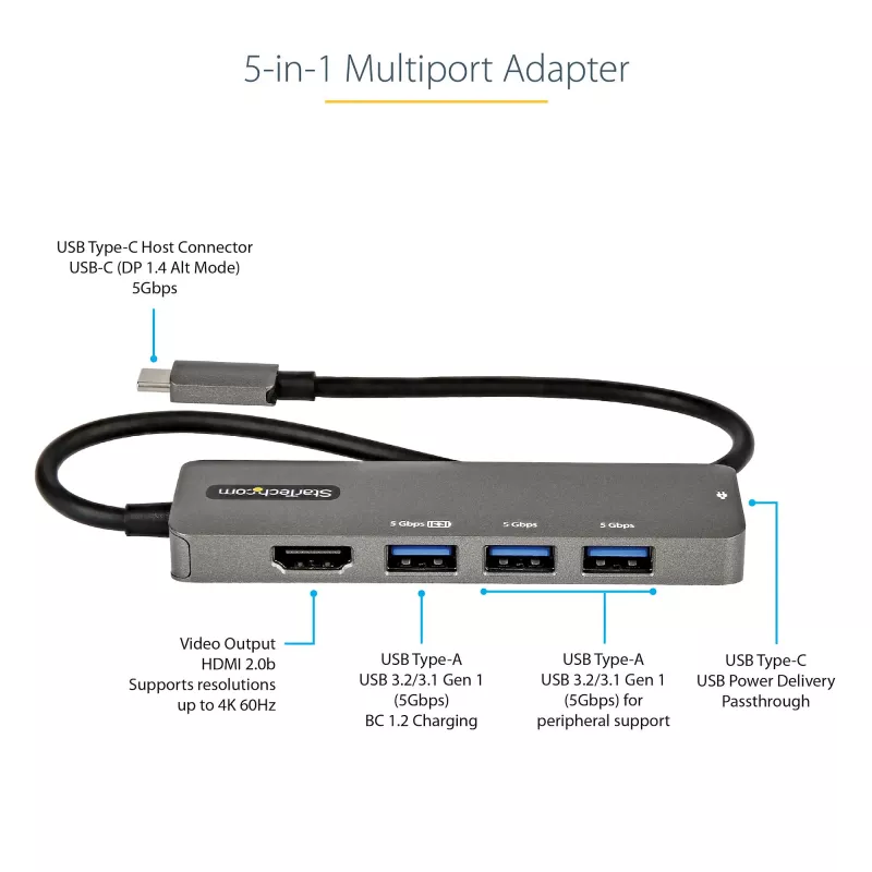 StarTech.com USB-C kelių prievadų adapteris – USB-C į HDMI 2.0b 4K 60Hz (HDR10), 100W Power Delivery perdavimas, 4 prievadų USB 3.0 šakotuvas – USB Type-C mini dokas – 30 cm ilgio kabelis