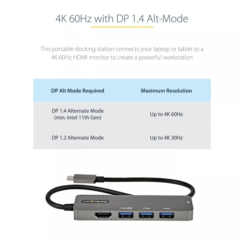 StarTech.com USB-C kelių prievadų adapteris – USB-C į HDMI 2.0b 4K 60Hz (HDR10), 100W Power Delivery perdavimas, 4 prievadų USB 3.0 šakotuvas – USB Type-C mini dokas – 30 cm ilgio kabelis
