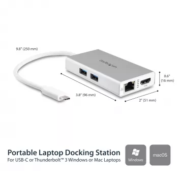 StarTech.com USB-C kelių prievadų adapteris – USB-C kelioninis dokas su 4K HDMI, 60 W maitinimo perdavimu, GbE, 2 prievadų USB-A 3.0 šakotuvu – nešiojamas mini USB Type-C dokas nešiojamam kompiuteriui – baltas