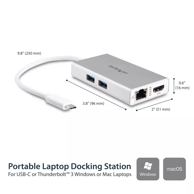StarTech.com USB-C kelių prievadų adapteris – USB-C kelioninis dokas su 4K HDMI, 60 W maitinimo perdavimu, GbE, 2 prievadų USB-A 3.0 šakotuvu – nešiojamas mini USB Type-C dokas nešiojamam kompiuteriui – baltas