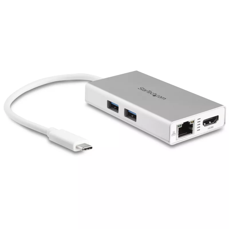 StarTech.com USB-C kelių prievadų adapteris – USB-C kelioninis dokas su 4K HDMI, 60 W maitinimo perdavimu, GbE, 2 prievadų USB-A 3.0 šakotuvu – nešiojamas mini USB Type-C dokas nešiojamam kompiuteriui – baltas