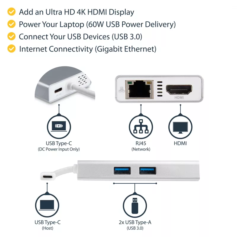 StarTech.com USB-C kelių prievadų adapteris – USB-C kelioninis dokas su 4K HDMI, 60 W maitinimo perdavimu, GbE, 2 prievadų USB-A 3.0 šakotuvu – nešiojamas mini USB Type-C dokas nešiojamam kompiuteriui – baltas