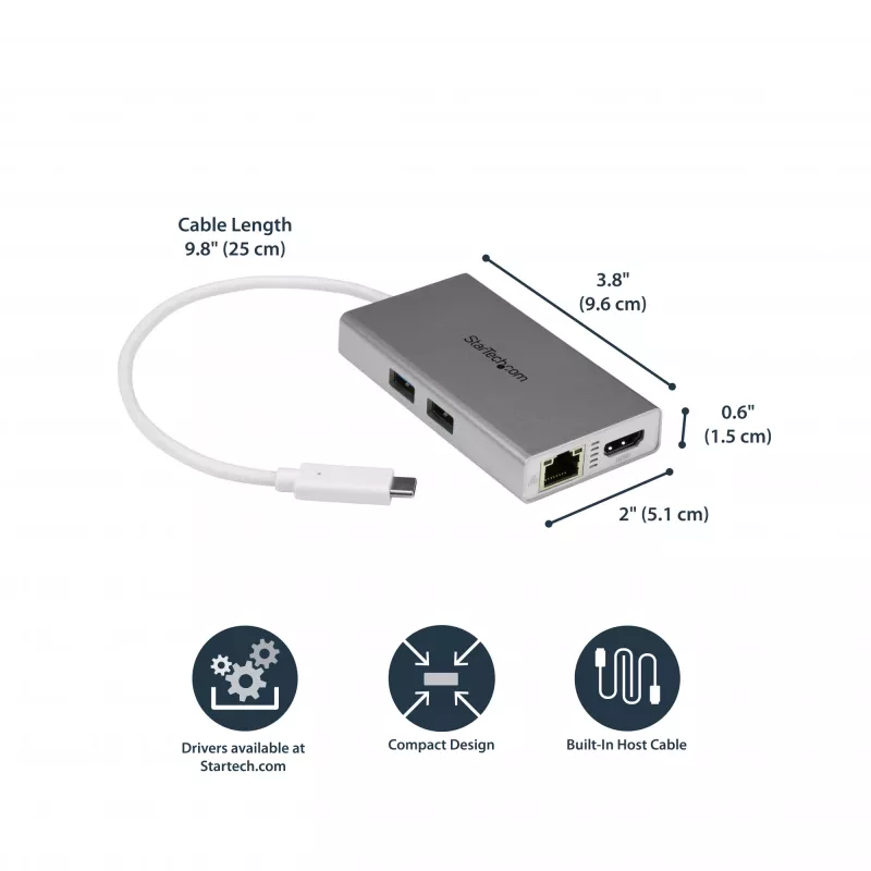 StarTech.com USB-C kelių prievadų adapteris – USB-C kelioninis dokas su 4K HDMI, 60 W maitinimo perdavimu, GbE, 2 prievadų USB-A 3.0 šakotuvu – nešiojamas mini USB Type-C dokas nešiojamam kompiuteriui – baltas