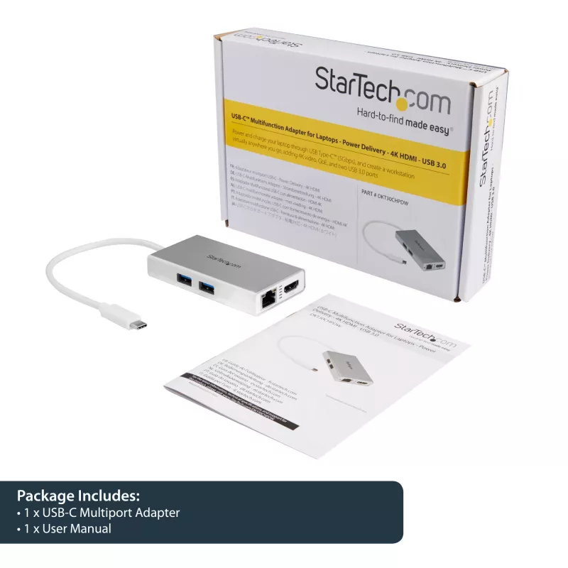 StarTech.com USB-C kelių prievadų adapteris – USB-C kelioninis dokas su 4K HDMI, 60 W maitinimo perdavimu, GbE, 2 prievadų USB-A 3.0 šakotuvu – nešiojamas mini USB Type-C dokas nešiojamam kompiuteriui – baltas